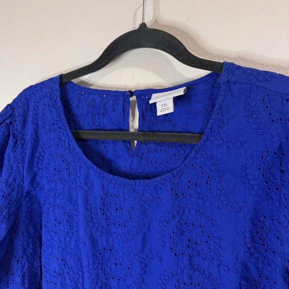 Liz Claiborne T-shirt Blouse XXL / 2XL Eyelet Lace Cotton Royal Blue Boho Lagen - Picture 2 of 9